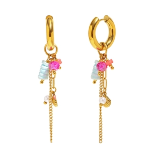 18K gold plated stainless steel hoop earrings with natural stone tassels and pearl charms