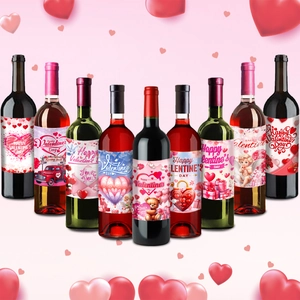 Set of 9 romantic Valentine's Day wine bottle labels with heart and rose designs