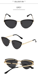 Three-view display of women's rimless cat-eye sunglasses with grey lenses and gold metal frame