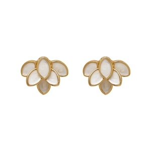 French vintage style gold-rimmed white enamel petal earrings on a clean white background