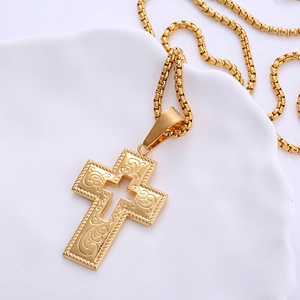 Gothic 18k gold plated stainless steel cross necklace with embossed floral patterns