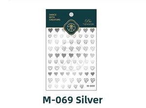 Detail of silver heart 3D nail stickers model M-069 with metallic finish designs