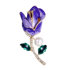 Elegant purple rose enamel brooch with rhinestones and pearl on gold finish