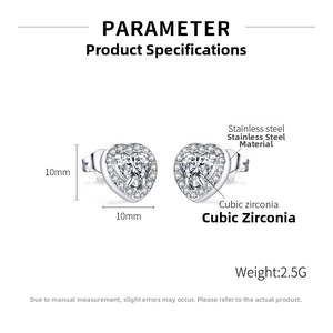 Detailed specs of stainless steel heart earrings with cubic zirconia, size 10x10mm