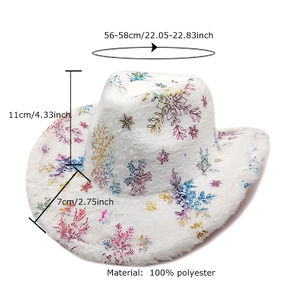 White winter cowboy hat with colorful snowflake patterns and dimensional size details