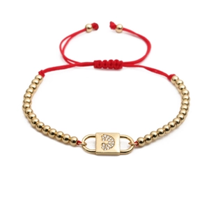 Adjustable Red Rope Bracelet With Copper Beads And Rainbow Zircon Inset Lock Pendant Handmade Boho Jewelry Gift For Women
