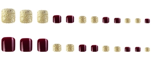 Detail of 24pcs wine red and gold glitter press-on toenails in various sizes