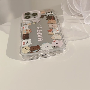 Close-up of clear iPhone case with cute cartoon cats, bears and Happy typography design