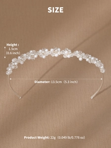 Detailed size guide for the beaded pearl and crystal headband with product dimensions