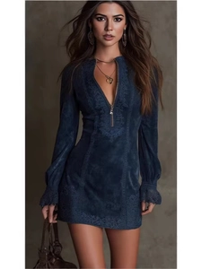 Women Long Sleeve Mini Dress Suede Texture Embroidered Lace Front Zipper V Neck Bodycon Slim Fit