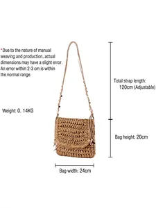 Bohemian woven straw shoulder bag with dimensions 24x20cm and adjustable strap