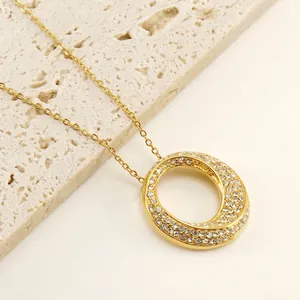 Collier Pendentif Cercle Irrégulier Rond Acier Inoxydable Plaqué Or Zircon Clair Pavé Bijoux Style Rétro Pour Femmes