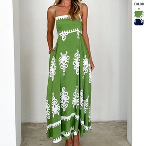 Bohemian Ethnic Floral Print Maxi Dress Backless Camisole High Waist A-Line Summer Vacation Beachwear For Women