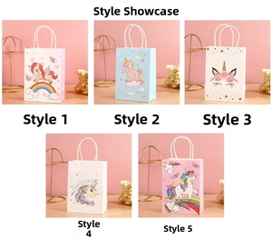 Detail view of five assorted unicorn gift bags with rainbow and heart patterns