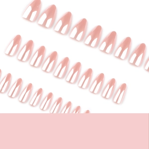 Glossy nude pink almond-shaped press-on nails set with shiny coating finish on white background