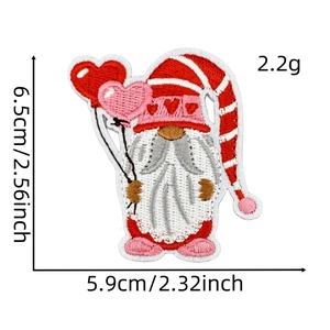 Detailed view of pink heart balloon gnome embroidery patch with size dimensions