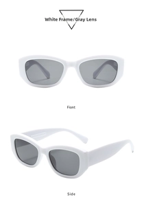 Front and side views of vintage square white sunglasses with dark grey lenses