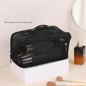 Portable large capacity black mesh makeup bag with handle for travel toiletries