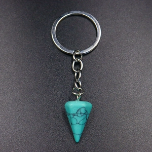 Natural turquoise stone hexagonal cone pendant keychain with silver polished metal ring