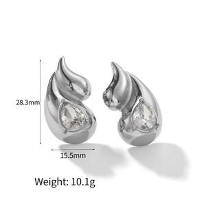 Titanium steel water drop earrings with dimensions and weight info displayed