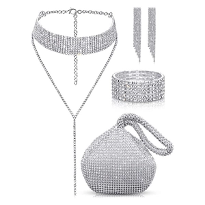 Silver bridal jewelry set with rhinestone choker, long necklace, earrings, and evening bag