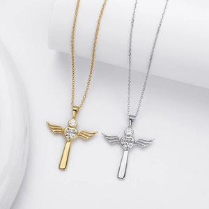S925 sterling silver heart cross necklace with angel wings in gold and silver finishes