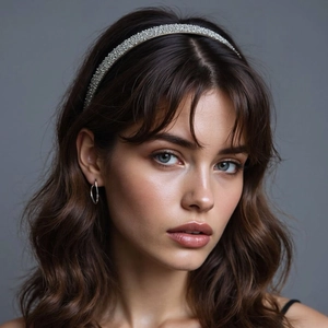 Elegant silver headband with sparkling rhinestones and matching round hoop earrings