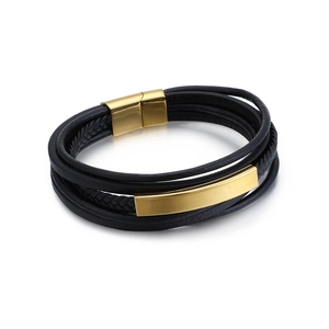 Men's multi-layer black braided leather bracelet with golden stainless steel magnetic clasp