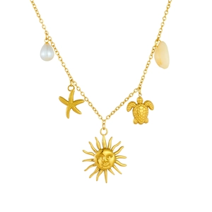 Gold stainless steel chain necklace with sun face, starfish and turtle beach charms