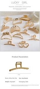 Detail of golden alloy hair claws in panda, cat ear and floral shapes with plating