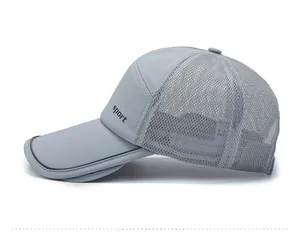 Side view of grey mesh baseball cap with sport text and breathable mesh fabric