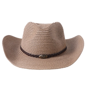 Chapeau de cowboy en paille tressée avec bandeau en cuir et emblème métallique de taureau