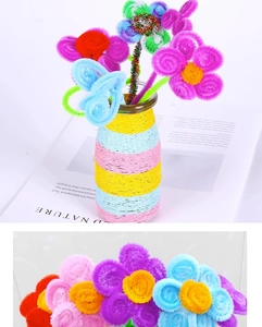 Detail of colorful macaron chenille stems handcrafted into a flower bouquet in a vase