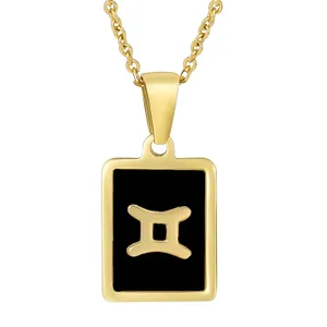 Zodiac Sign Necklace 18K Gold Plated Stainless Steel Rectangular Pendant Black Enamel Constellation Jewelry For Women