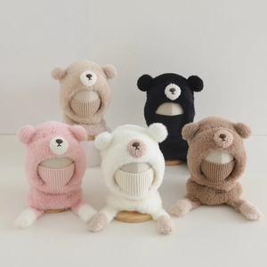 Cagoule Enfant Bonnet Et Écharpe Intégrés Peluche Épaisse Fausse Fourrure Oreilles D'Ours Masque Facial Chaud Hiver Pour Tout-Petits Garçons Filles