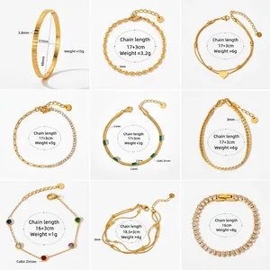 Spécifications de taille pour l'ensemble de 9 bracelets en acier doré avec zircons
