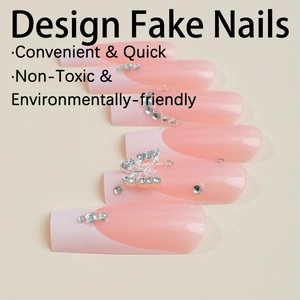 Pink gradient French press-on nails with silver butterflies and sparkling diamonds