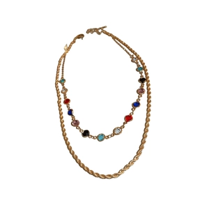 Double-layered gold twist chain necklace with colorful round cubic zirconia gemstones