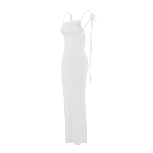 Detailed view of the white ruched bust and back tie design on a sleek maxi dress