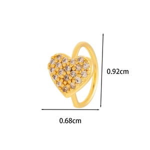 Golden heart-shaped nose stud with white zircon stones measuring 0.92cm by 0.68cm