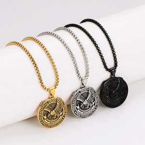 Vintage eagle emblem round pendant necklaces in gold, silver and black metal finishes