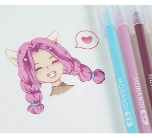 Close-up of Morandi colored gel pens with transparent barrels and sweet style illustrations