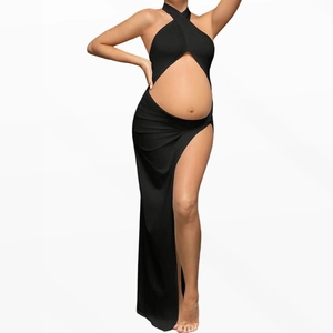 Slim fit maternity photography dress featuring hollow out halter neck and high side slit