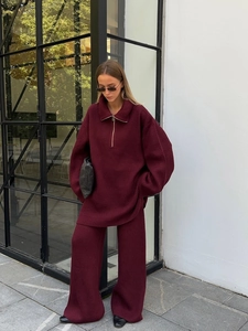 Women Ribbed Knit Outfit Half Zipper Oversized Sweater And Straight Wide Leg Pants Casual Lounge Sporty Chic Style