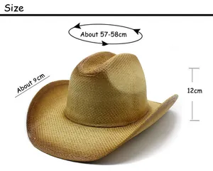 Size guide for straw cowboy hat showing 58cm circumference, 9cm brim, and 12cm height