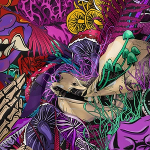 Detail of soft fabric tapestry featuring vibrant mushroom and skeletal hand illustrations