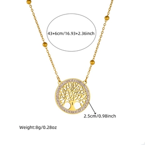Gold stainless steel Tree of Life necklace set with white rhinestones and beaded chain