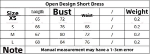 Tableau des tailles avec mesures XS à L pour la mini robe dos nu au design ouvert