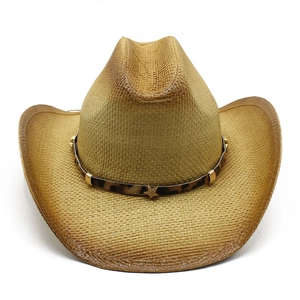Vintage western straw cowboy hat in gradient brown with leopard print band and star accent