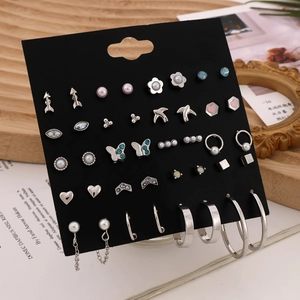 Set of 20 pairs of silver alloy stud earrings with pearls and butterfly designs
